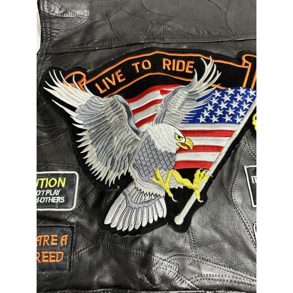 Biker Vest Mens XL Buffalo Leather Diamond Plate Live to Ride Motorcycle Patches - Picture 16 of 16